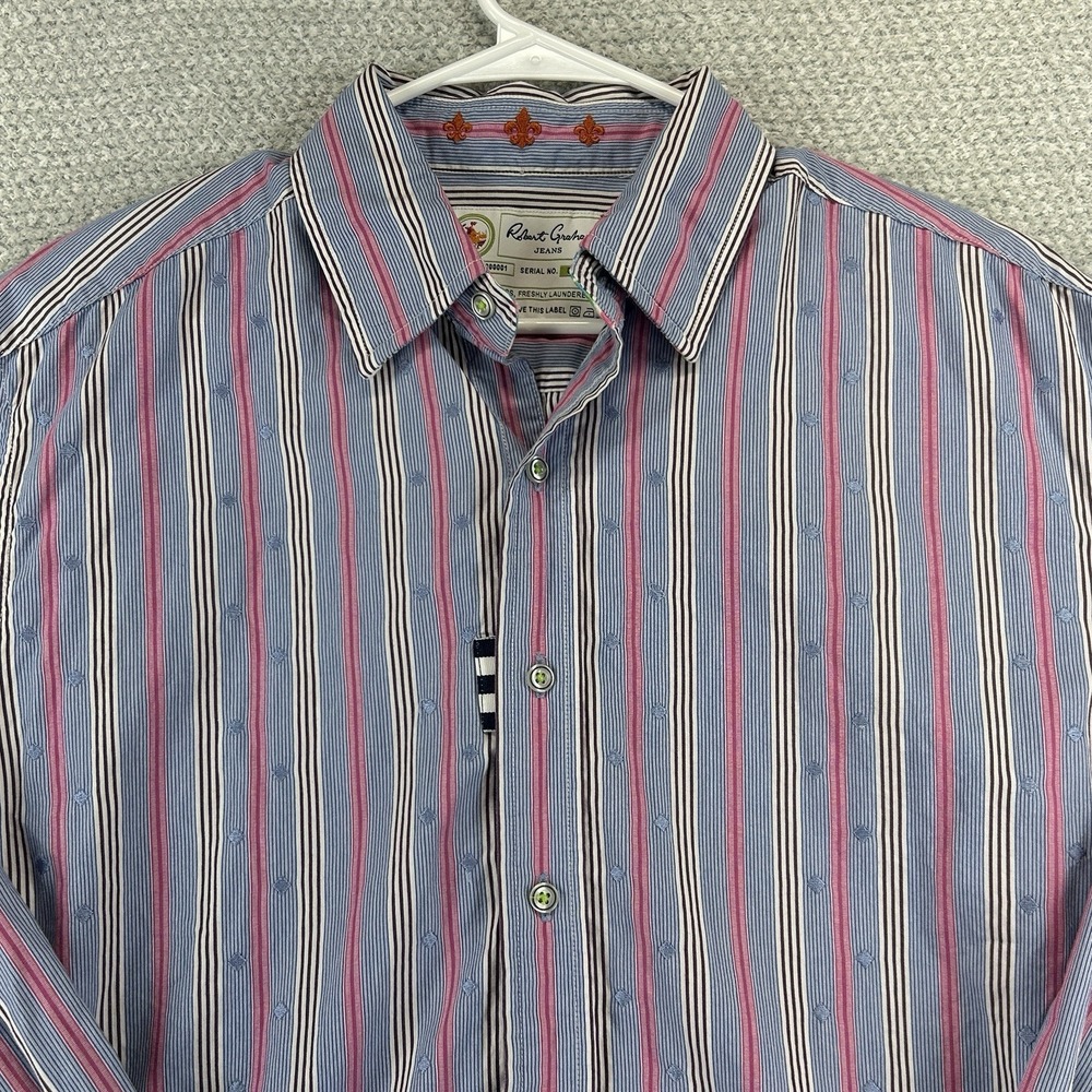 Robert Graham Jeans Button Up Shirt Mens Large Striped Embroidered Diamonds - Picture 2 of 16
